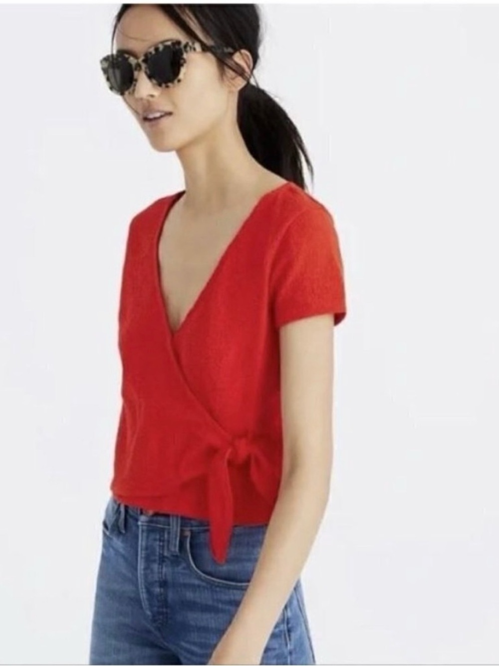 J. Crew Wrap Tie Poppy Red Short Sleeve Cotton V-Neck Blouse Small